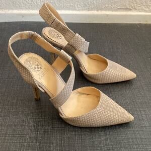 Vince Camuto Calin nude cream snake print leather strappy heels, size 8